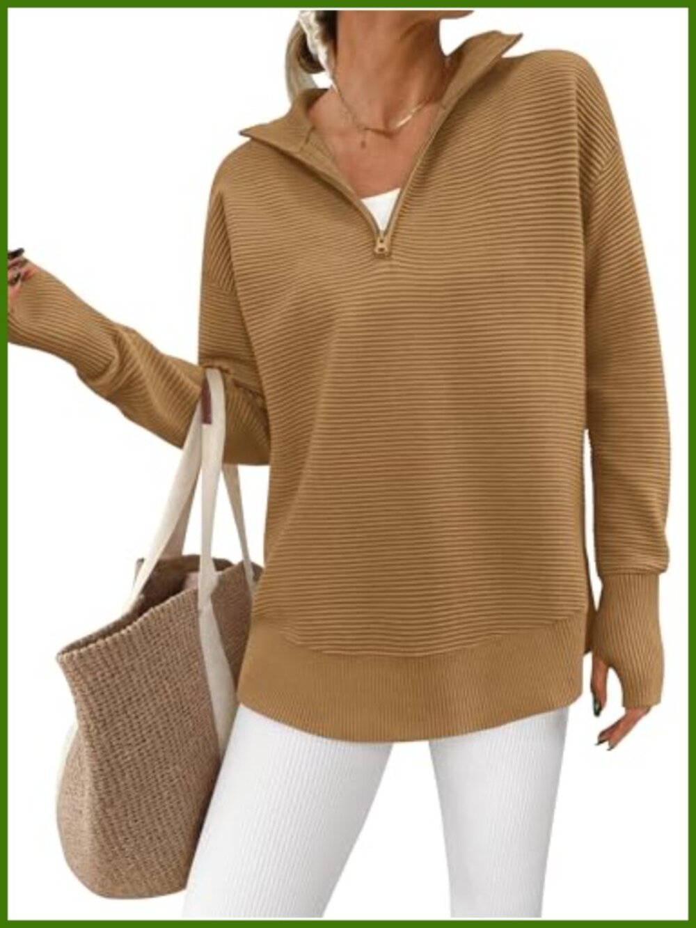 Womens Quarter Zip Ribbed Knit Pullover Sweater Thumb Hole Loose Fit